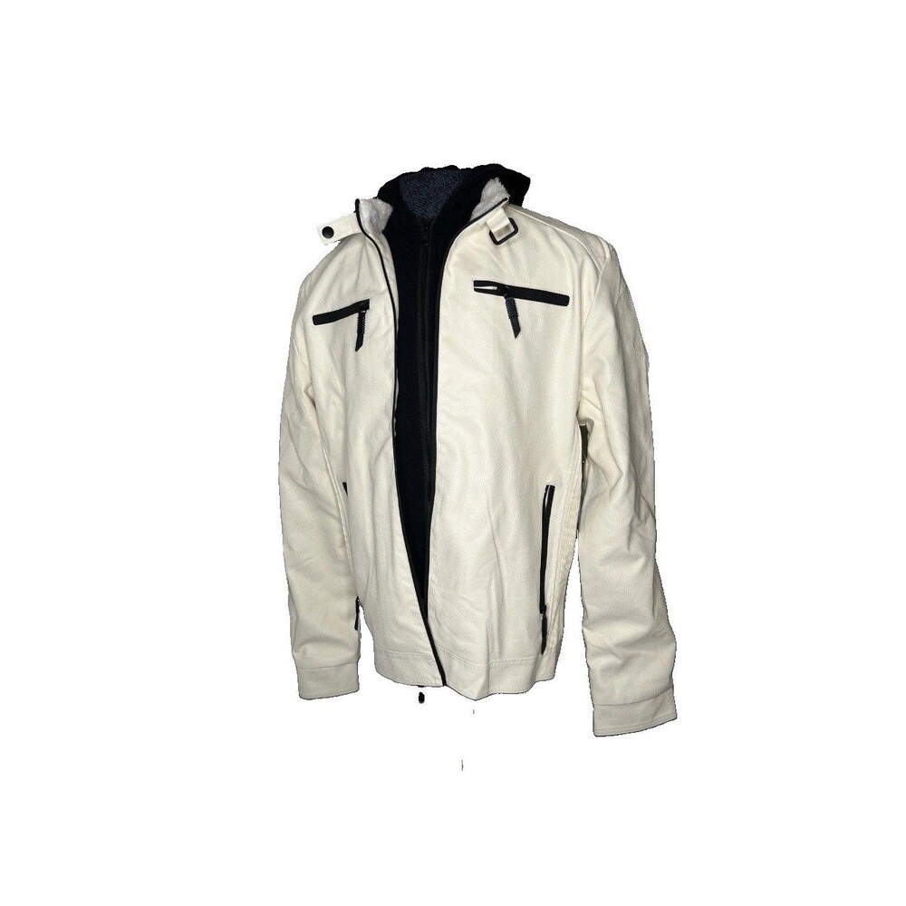 Fried Denim Faux Leather Moto Fleece Lined Hoodie Jacket Large Black & White